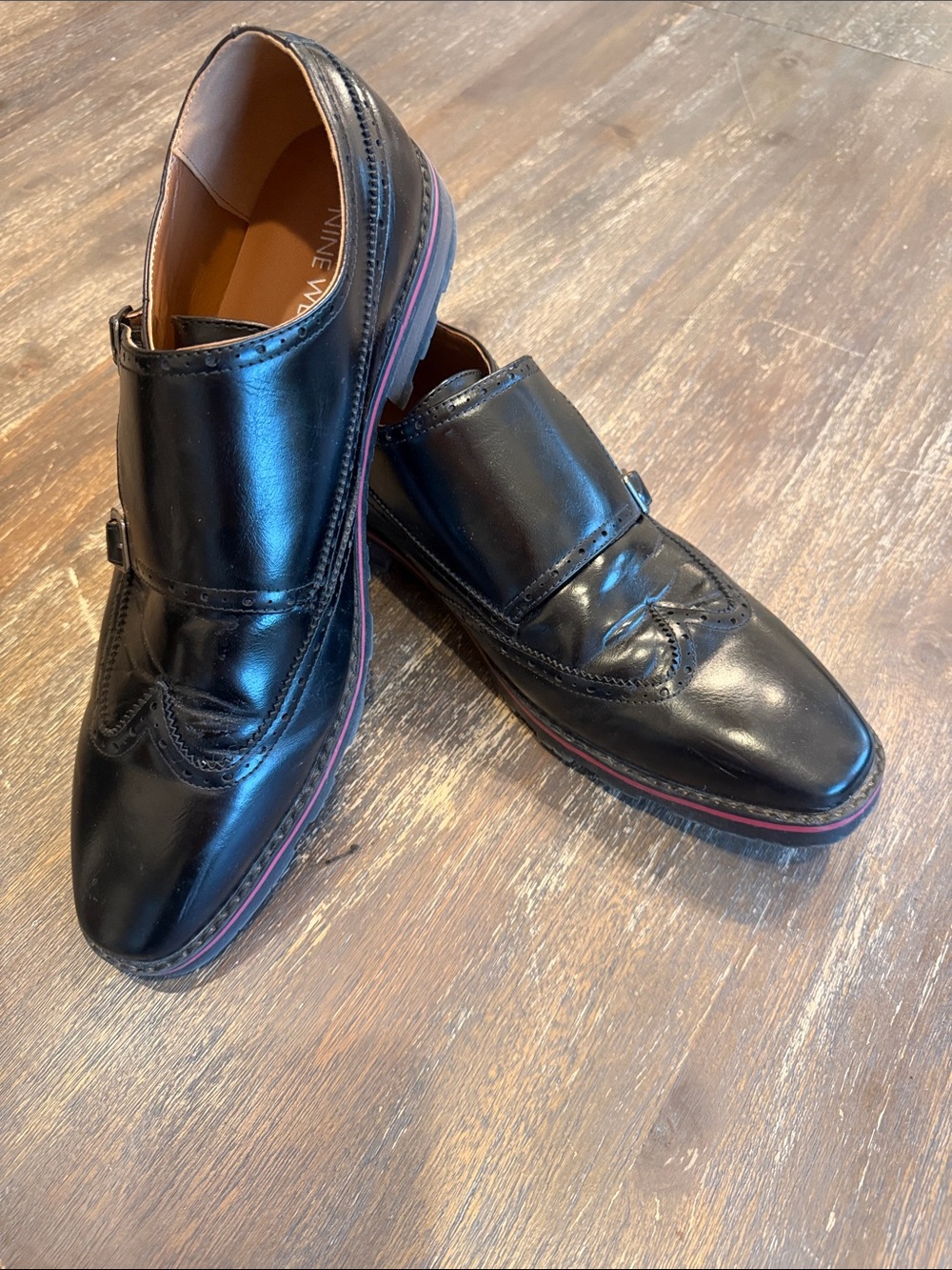 Nine West Men’s Black Leather Slip-On Loafers with Red Trim